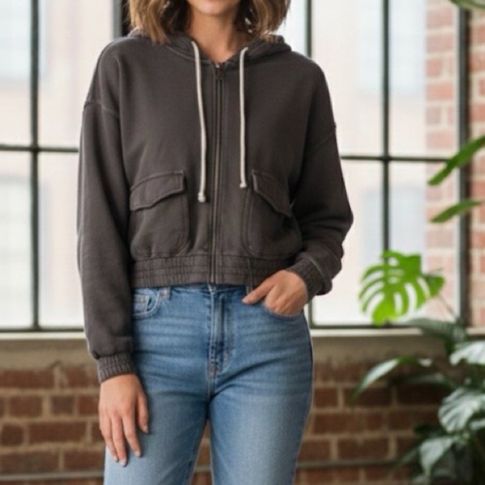 Aerie Cropped Full Zip Hoodie Jacket Brown Size S Cargo Pockets Gorpcore